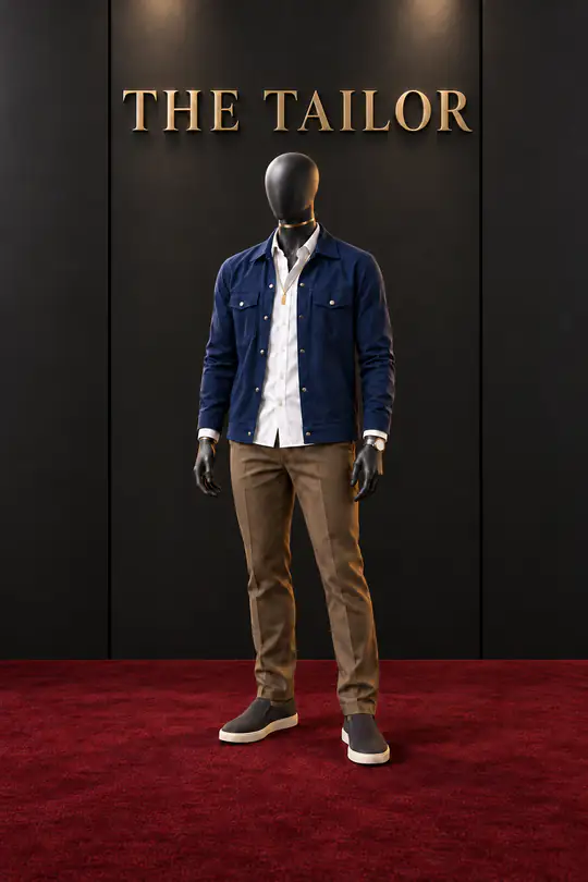 Navy jacket, white shirt, brown chinos by THE TAILOR, Ikorodu, Lagos