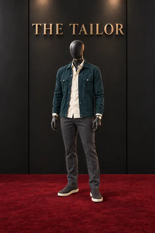 Forest green jacket, cream shirt, charcoal trousers by THE TAILOR, Ikorodu, Lagos