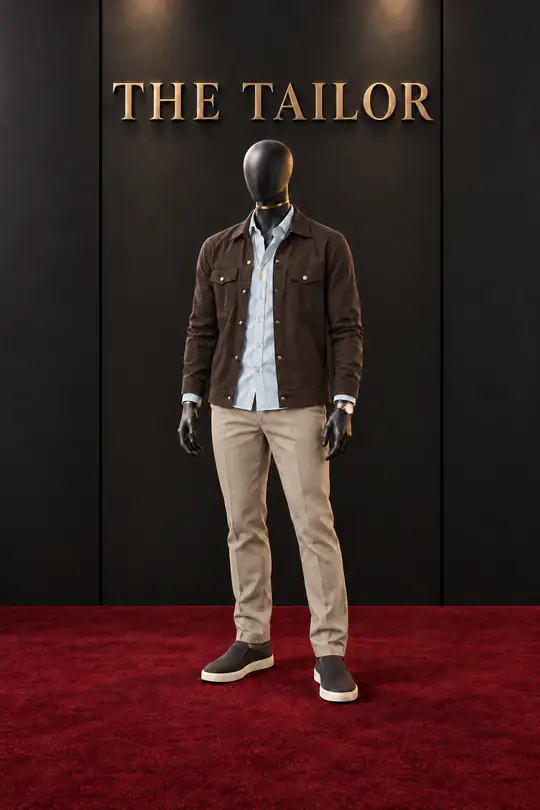 Chocolate jacket, light blue shirt, beige chinos by THE TAILOR, Ikorodu, Lagos