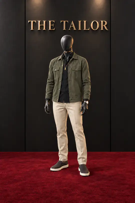 Olive jacket, black shirt, stone chinos by THE TAILOR, Ikorodu, Lagos