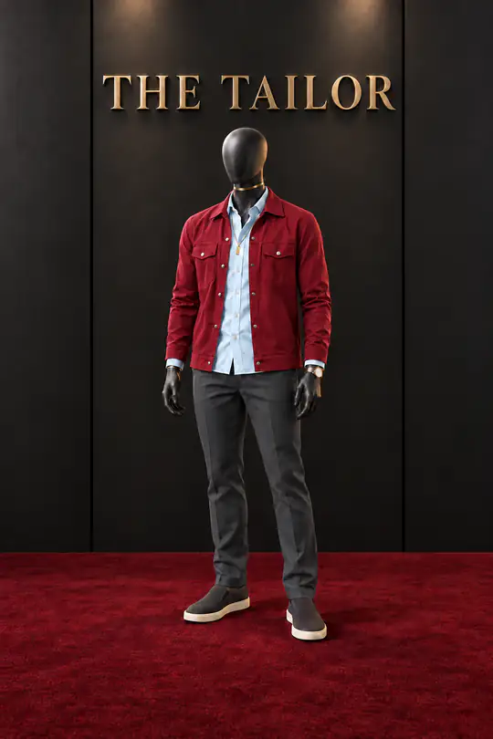Red jacket, light blue shirt, charcoal trousers by THE TAILOR, Ikorodu, Lagos