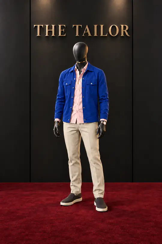 Royal blue jacket, pink shirt, cream chinos by THE TAILOR, Ikorodu, Lagos