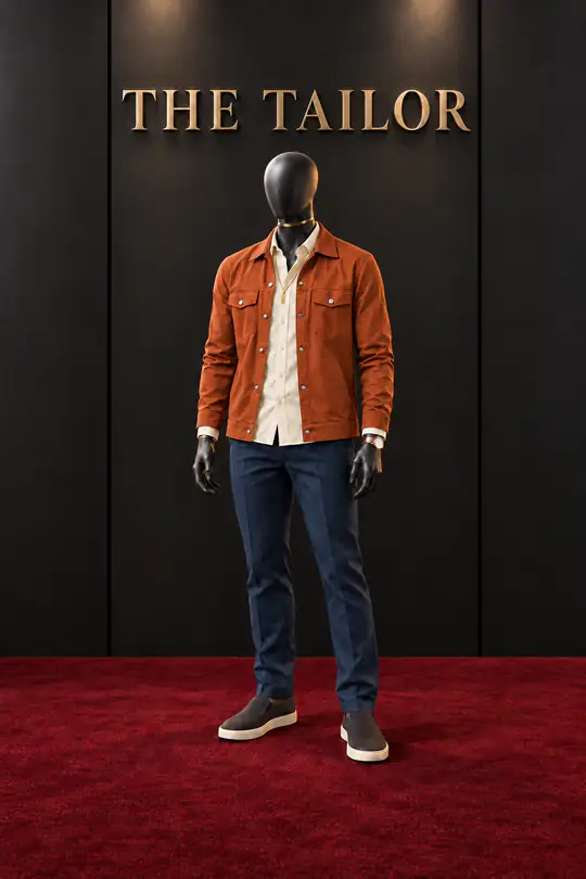 Burnt orange jacket, cream shirt, navy jeans by THE TAILOR, Ikorodu, Lagos