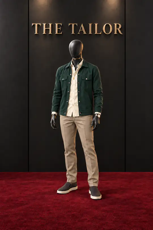 Forest green jacket, cream shirt, khaki chinos by THE TAILOR, Ikorodu, Lagos