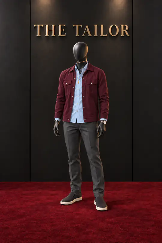 Wine jacket, light blue shirt, charcoal trousers by THE TAILOR, Ikorodu, Lagos