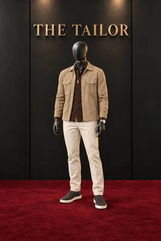 Sand jacket, brown shirt, cream trousers by THE TAILOR, Ikorodu, Lagos