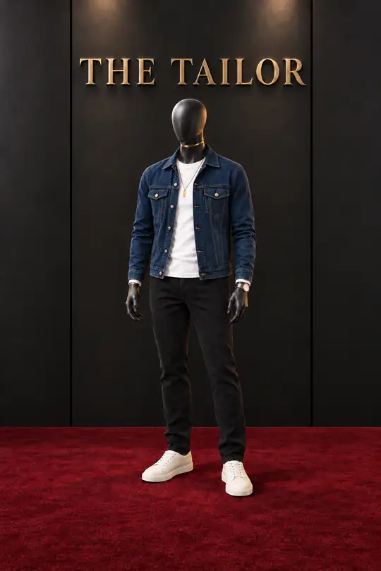 Denim jacket, white tee, black jeans by THE TAILOR, Ikorodu, Lagos