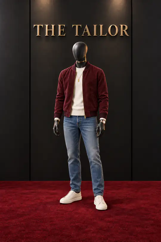 Burgundy bomber jacket, cream tee, blue jeans by THE TAILOR, Ikorodu, Lagos