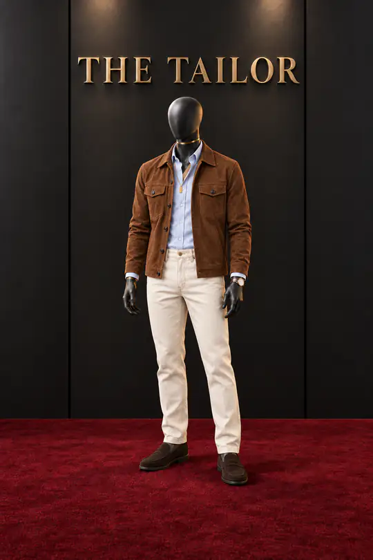 Tan suede jacket, light blue shirt, cream trousers by THE TAILOR, Ikorodu, Lagos