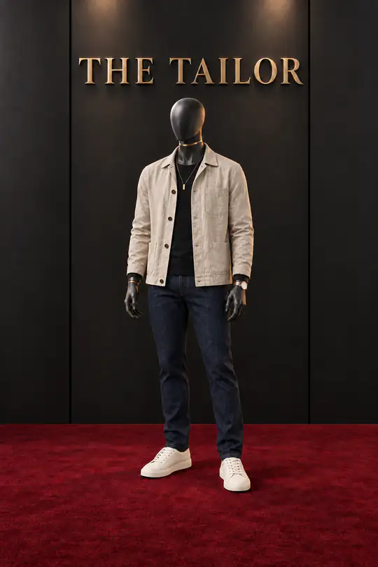 Stone jacket, black tee, dark jeans by THE TAILOR, Ikorodu, Lagos