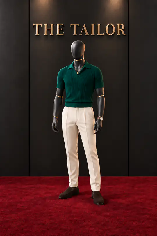 Green knit polo, cream trousers by THE TAILOR, Ikorodu, Lagos