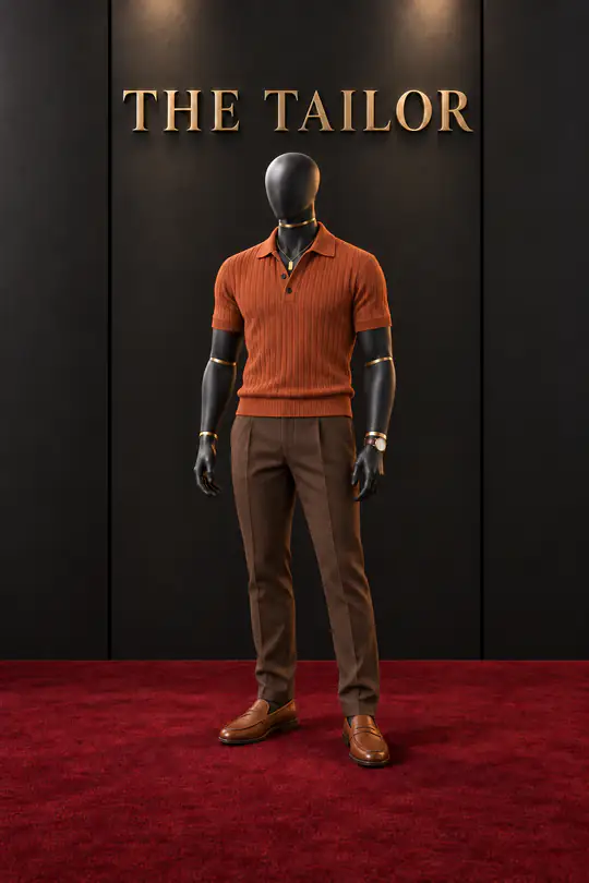 Rust knit polo, brown trousers by THE TAILOR, Ikorodu, Lagos