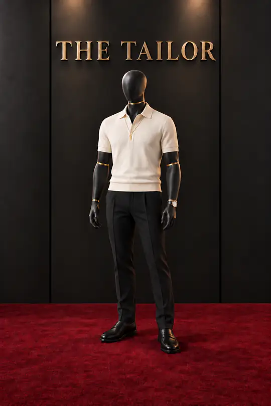 Cream knit polo, black trousers by THE TAILOR, Ikorodu, Lagos