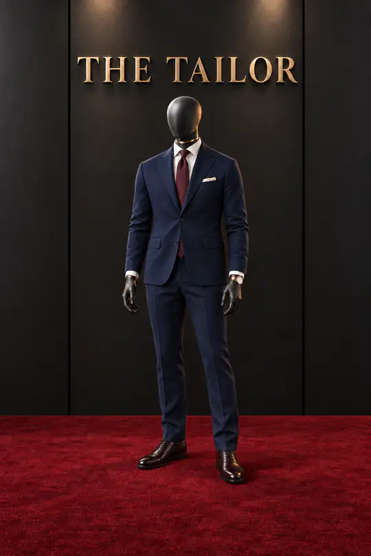 Navy suit, burgundy tie by THE TAILOR, Ikorodu, Lagos