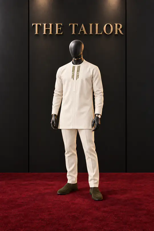 White embroidered senator by THE TAILOR, Ikorodu, Lagos