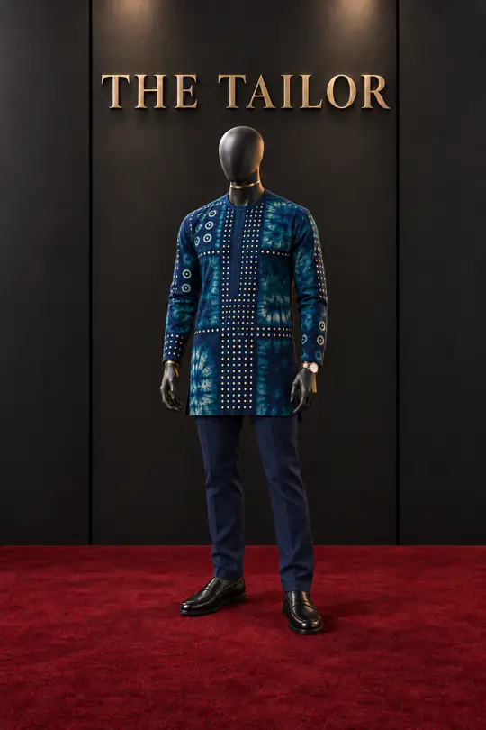 Blue adire-print shirt, navy trousers by THE TAILOR, Ikorodu, Lagos