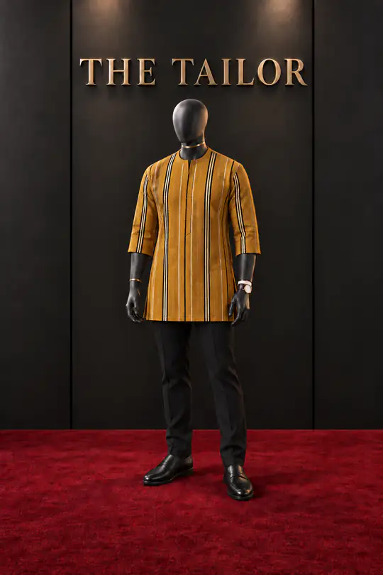 Mustard striped shirt, black trousers by THE TAILOR, Ikorodu, Lagos
