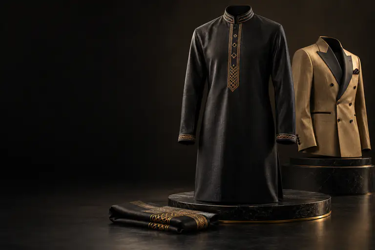 Black embroidered kaftan and gold double-breasted jacket on stone plinths by THE TAILOR, Ikorodu, Lagos