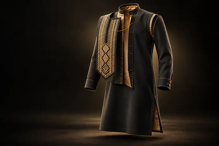 Black senator outfit opened in layers, with gold embroidered panel and gold lining by THE TAILOR, Ikorodu, Lagos